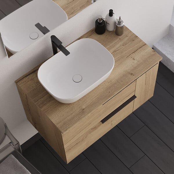 COSYNEO - Meuble de salle de bain 90cm avec vasque à poser arrondie - 2 tiroirs et un placard et miroir avec applique - roble (chêne clair) - KING - large
