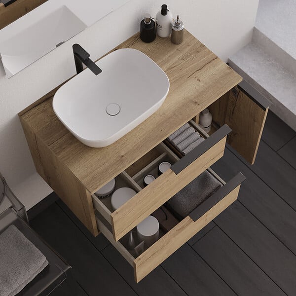 COSYNEO - Meuble de salle de bain 90cm avec vasque à poser arrondie - 2 tiroirs et un placard et miroir avec applique - roble (chêne clair) - KING - large