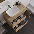 COSYNEO - Meuble de salle de bain 90cm avec vasque à poser arrondie - 2 tiroirs et un placard et miroir avec applique - roble (chêne clair) - KING - vignette