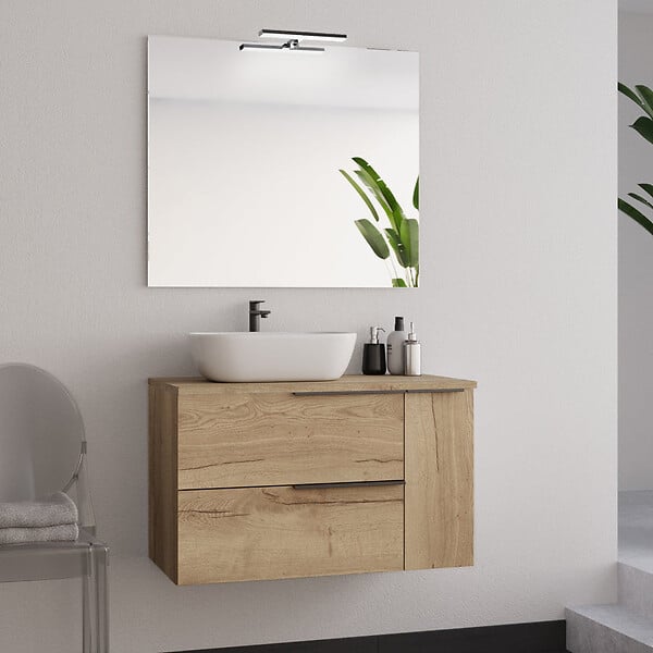 COSYNEO - Meuble de salle de bain 90cm avec vasque à poser arrondie - 2 tiroirs et un placard et miroir avec applique - roble (chêne clair) - KING - large