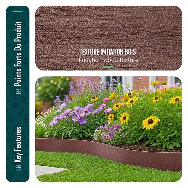 VOUNOT - Bordure de jardin PE haute flexible 20M avec piquets marron - large