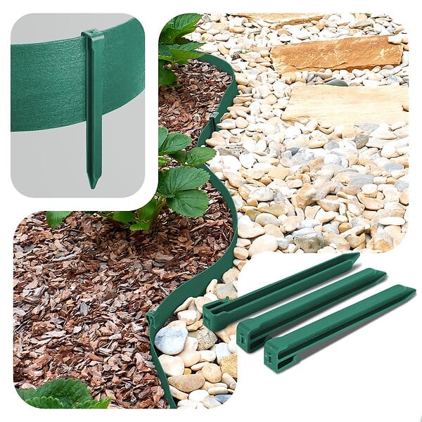 VOUNOT - Bordure de jardin PE haute flexible 20M avec piquets vert - large