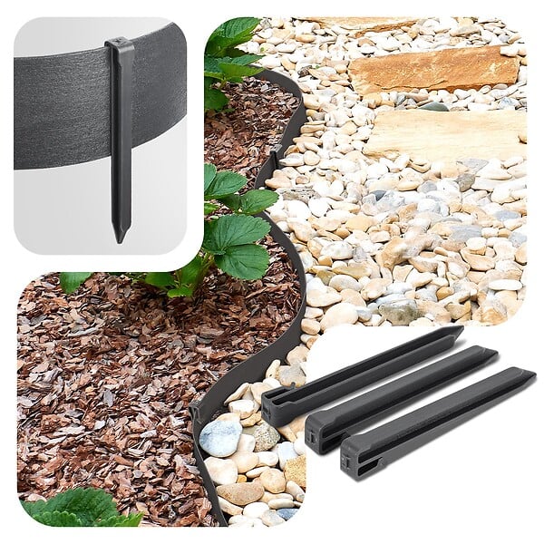 VOUNOT - Bordure de jardin PE haute flexible 20M avec piquets gris - large