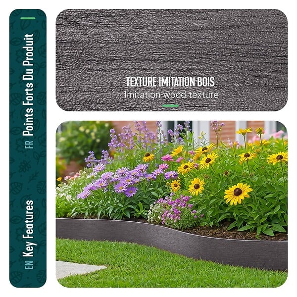 VOUNOT - Bordure de jardin PE haute flexible 20M avec piquets gris - large