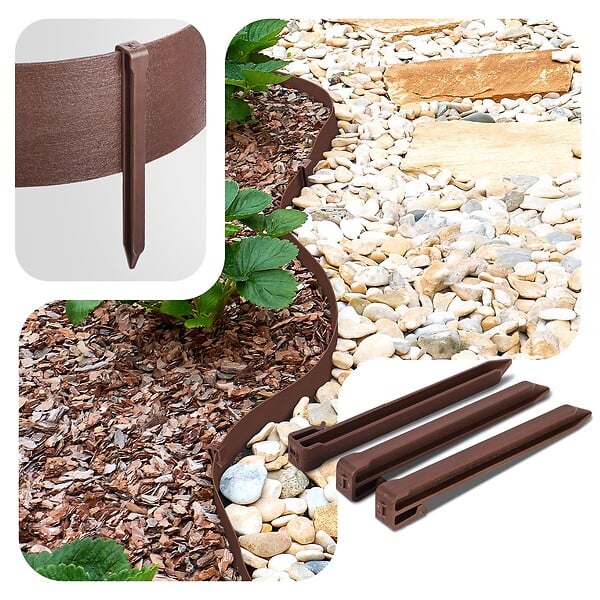 VOUNOT - Bordure de jardin PE flexible 20M x 8 CM avec piquets marron - large
