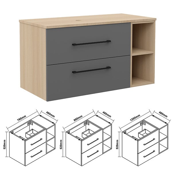 AICA SANITAIRE - AICA Meuble de Salle de Bain  suspendu, 2 Tiroirs + Rangements Ouverts, 80x46x52cm, Chêne + Anthracite, Sans Compter Vasque - large