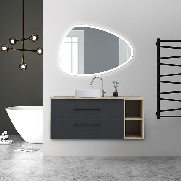 AICA SANITAIRE - AICA Meuble de Salle de Bain suspendu, 2 Tiroirs + Rangements Ouverts, 120x46x52cm, Chêne + Anthracite, Sans Compter Vasque - large
