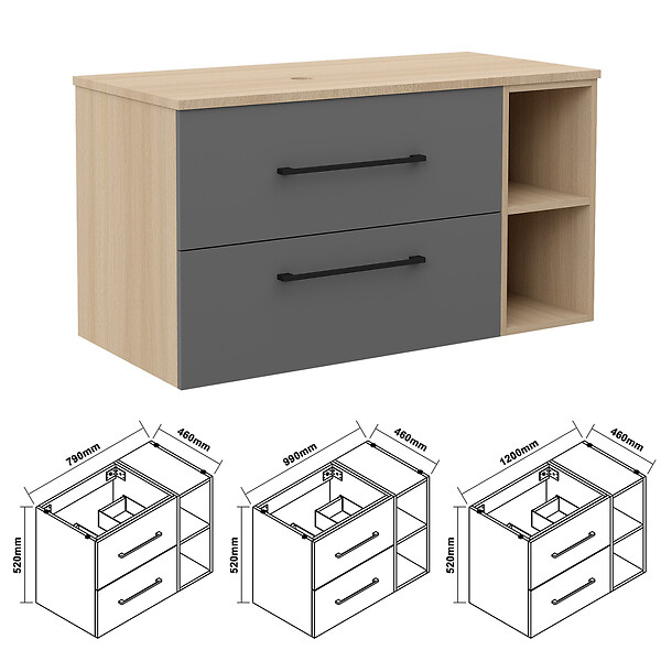 AICA SANITAIRE - AICA Meuble de Salle de Bain suspendu, 2 Tiroirs + Rangements Ouverts, 100x46x52cm, Chêne + Anthracite, Sans Compter Vasque - large