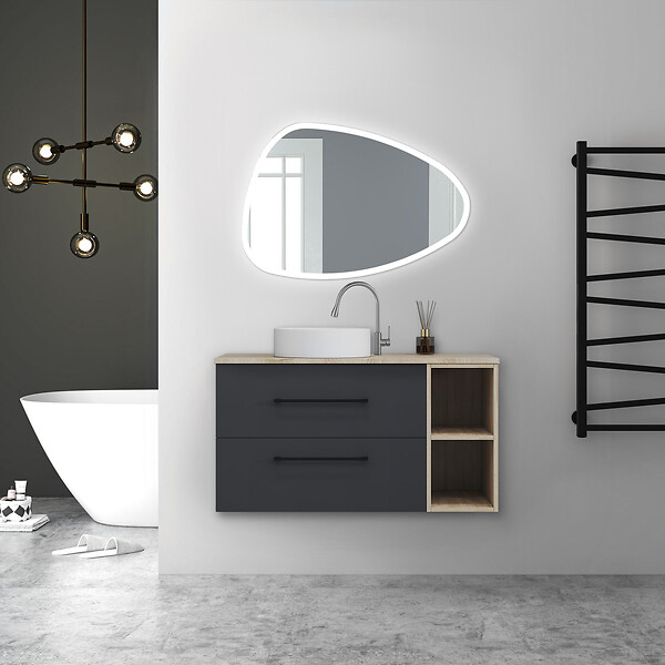 AICA SANITAIRE - AICA Meuble de Salle de Bain suspendu, 2 Tiroirs + Rangements Ouverts, 100x46x52cm, Chêne + Anthracite, Sans Compter Vasque - large