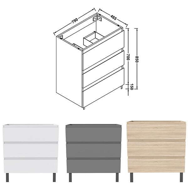AICA SANITAIRE - AICA Meuble de Salle de Bain 80cm avec 3 tiroirs + 2 Pieds, Meuble sans vasque, Chêne - large