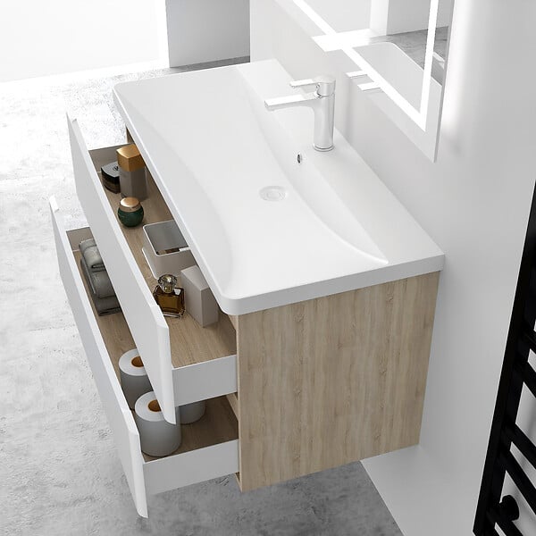 AICA SANITAIRE - AICA Ensemble Meuble Salle de Bain Brillant Suspendu 100cm, Blanc + Chêne, Meuble 2 tiroirs + Lavabo + Armoire salle de bain avec miroir - large