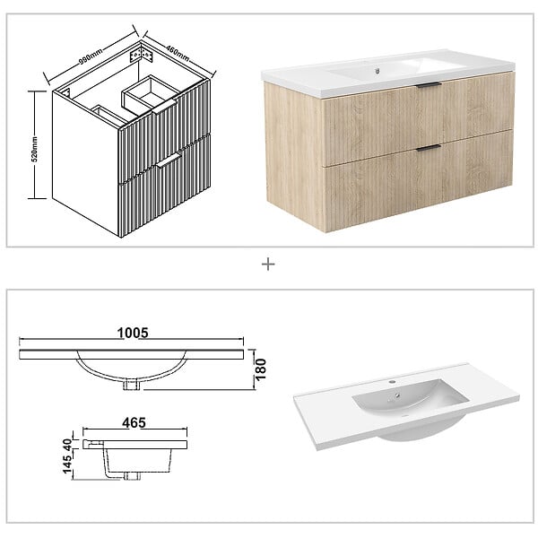 AICA SANITAIRE - Aica Meuble de salle de bain suspendu 100 cm Chêne + 2 tiroirs, avec Vasque + Miroir LED - large