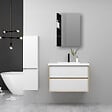 AICA SANITAIRE - AICA Ensemble Meuble Salle de Bain Suspendu 60cm, Blanc + Chêne, Meuble 2 tiroirs + Lavabo + Armoire salle de bain avec miroir + Colonne - vignette