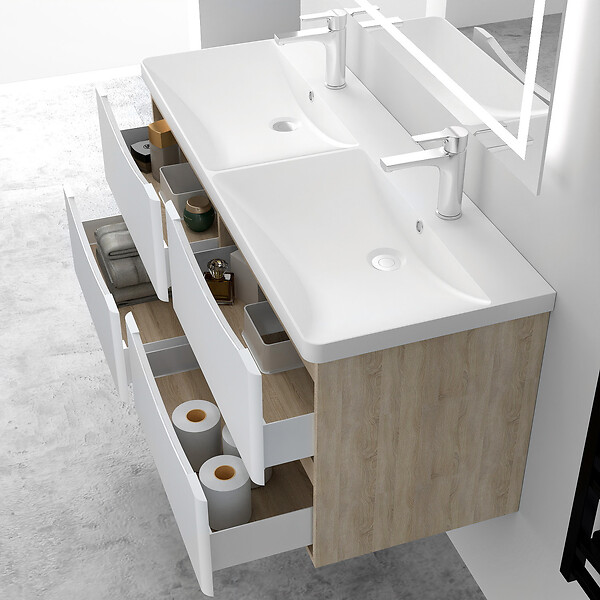 AICA SANITAIRE - AICA Ensemble Meuble Salle de Bain Brillant Suspendu 120cm, Blanc + Chêne, Meuble 4 tiroirs + Lavabo + Armoire salle de bain avec miroir + 2Colonne - large