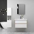 AICA SANITAIRE - AICA Ensemble Meuble Salle de Bain Suspendu 60cm, Blanc + Chêne, Meuble 2 tiroirs + Lavabo + Armoire salle de bain avec miroir + Colonne haute - vignette
