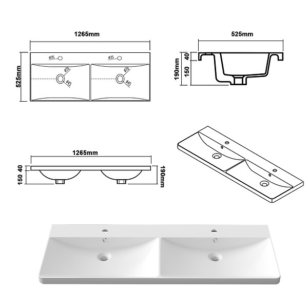 AICA SANITAIRE - AICA Ensemble Meuble Salle de Bain Brillant Suspendu 120cm, Blanc + Chêne, Meuble 4 tiroirs + Lavabo + 2Colonne - large