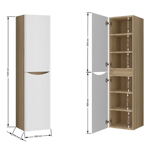 AICA SANITAIRE - AICA Ensemble Meuble Salle de Bain Brillant Suspendu 120cm, Blanc + Chêne, Meuble 4 tiroirs + Lavabo + 2Colonne - large