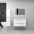 AICA SANITAIRE - AICA Ensemble Meuble Salle de Bain Brillant Suspendu 100cm, Blanc + Chêne, Meuble 2 tiroirs + Lavabo + Miroir LED + Colonne - vignette