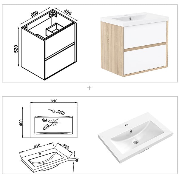 AICA SANITAIRE - AICA Ensemble Meuble Salle de Bain Suspendu 60cm, Blanc + Chêne, Meuble 2 tiroirs + Lavabo + Miroir LED + 2 Colonne haute - large
