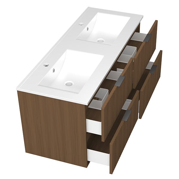 AICA SANITAIRE - Aica Meuble de salle de bain suspendu 120 cm Noyer + 4 tiroirs, avec Vasque + Miroir LED - large
