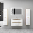 AICA SANITAIRE - AICA Ensemble Meuble Salle de Bain Brillant Suspendu 100cm, Blanc + Chêne, Meuble 2 tiroirs + Lavabo + Miroir LED + 2Colonne - vignette