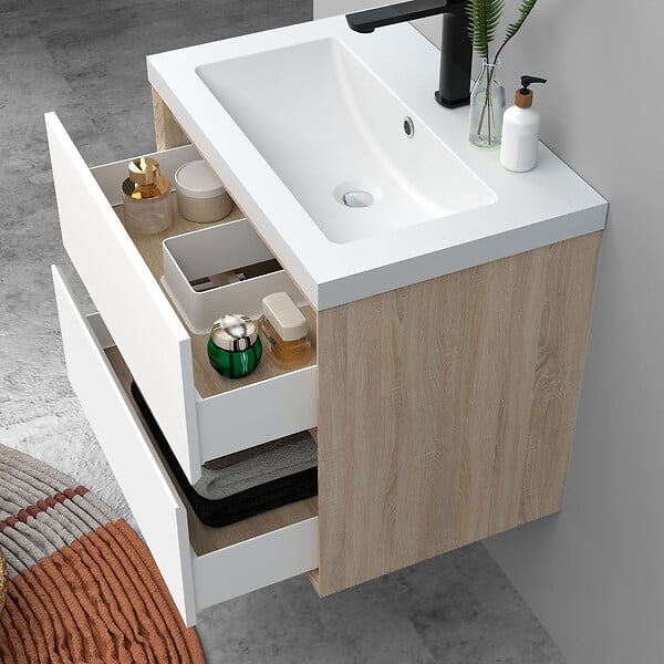 AICA SANITAIRE - AICA Ensemble Meuble Salle de Bain Suspendu 60cm, Blanc + Chêne, Meuble 2 tiroirs + Vasque + Miroir LED + 2 Colonne haute - large