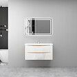 AICA SANITAIRE - AICA Ensemble Meuble Salle de Bain Brillant Suspendu 100cm, Blanc + Chêne, Meuble 2 tiroirs + Lavabo + Miroir LED - vignette