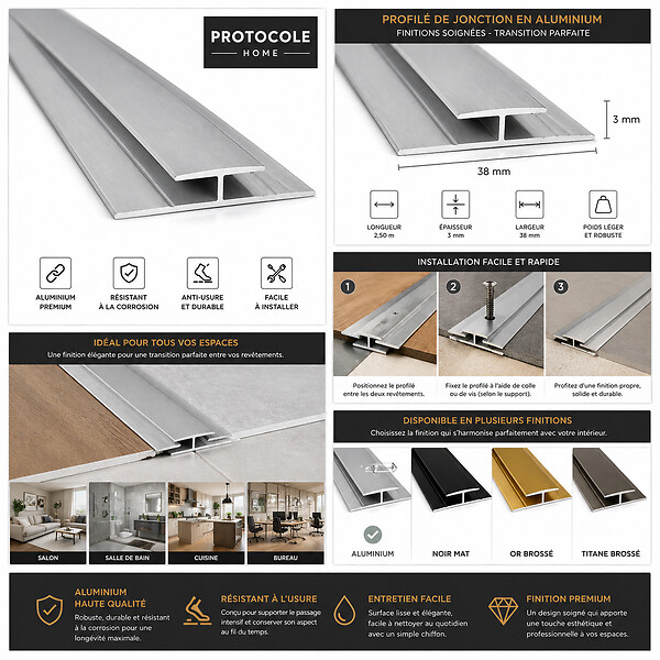 PROTOCOLE HOME - Profil de jonction aluminium 13 mm - 2,80 m - noir/silver/gold - large