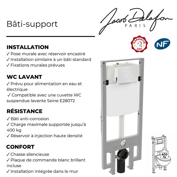 JACOB DELAFON - Bâti-support pour WC lavant Seine avec plaque de commande - large