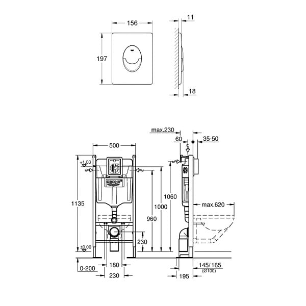 GROHE - Bâti-support autoportant Rapid SL Project 1.13 M + Plaque commande Skate Air blanc alpin - large