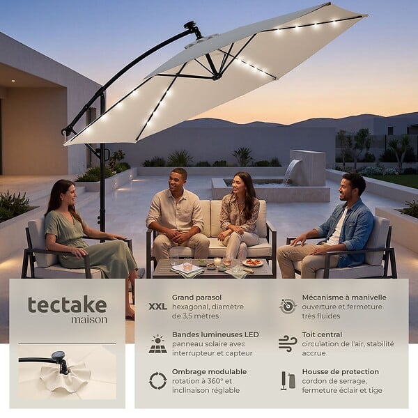 TECTAKE - Parasol à pied central déporté pivotant 360° en polyester beige led solaire 3,5x3,5 m - large