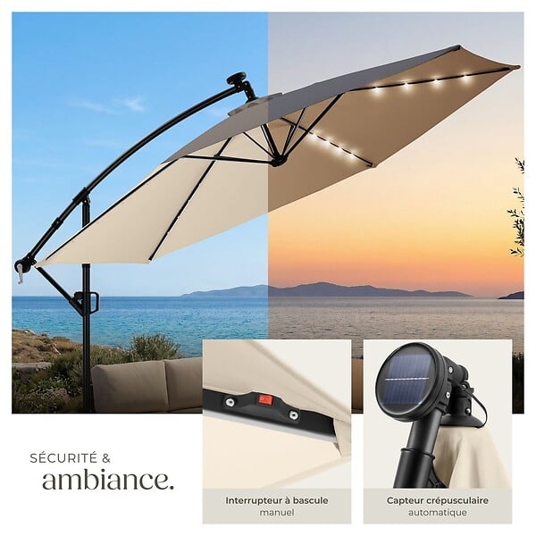 TECTAKE - Parasol à pied central déporté pivotant 360° en polyester beige led solaire 3,5x3,5 m - large