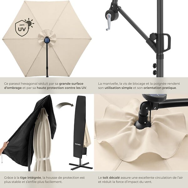 TECTAKE - Parasol à pied central déporté pivotant 360° en polyester beige led solaire 3,5x3,5 m - large