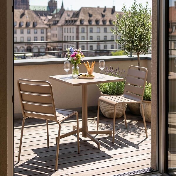 OVIALA - Ensemble table 70 cm et 2 chaises de jardin en métal taupe - Palavas - large