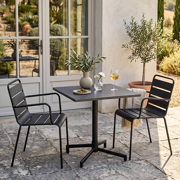 OVIALA - Ensemble table 70 cm et 2 fauteuils de jardin en métal gris anthracite - Palavas - large