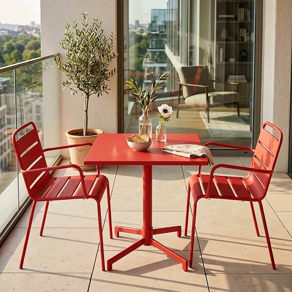 OVIALA - Ensemble table 70 cm et 2 fauteuils de jardin en métal rouge - Palavas - large
