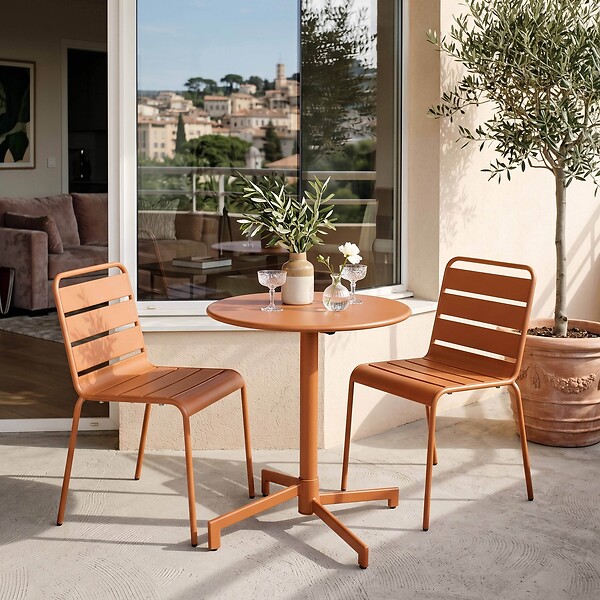 OVIALA - Ensemble table de jardin et 2 chaises en métal caramel - Palavas - large