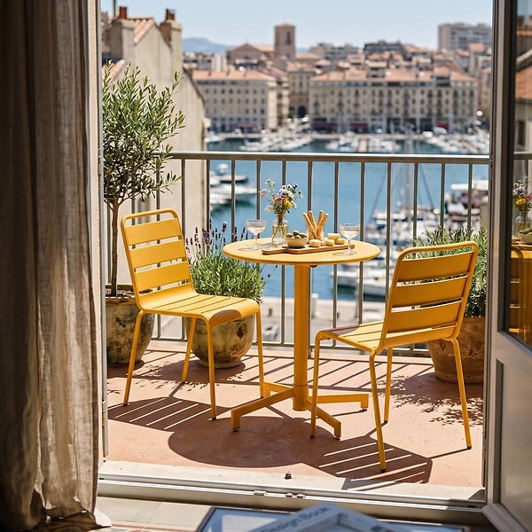 OVIALA - Ensemble table de jardin et 2 chaises en métal jaune - Palavas - large