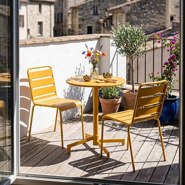 OVIALA - Ensemble table de jardin et 2 chaises en métal jaune - Palavas - large