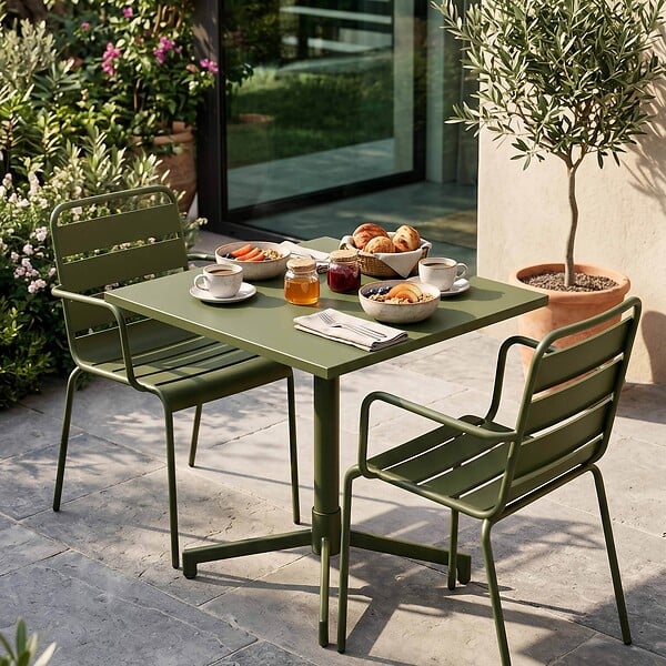 OVIALA - Ensemble table 70 cm et 2 fauteuils de jardin en métal vert kaki - Palavas - large