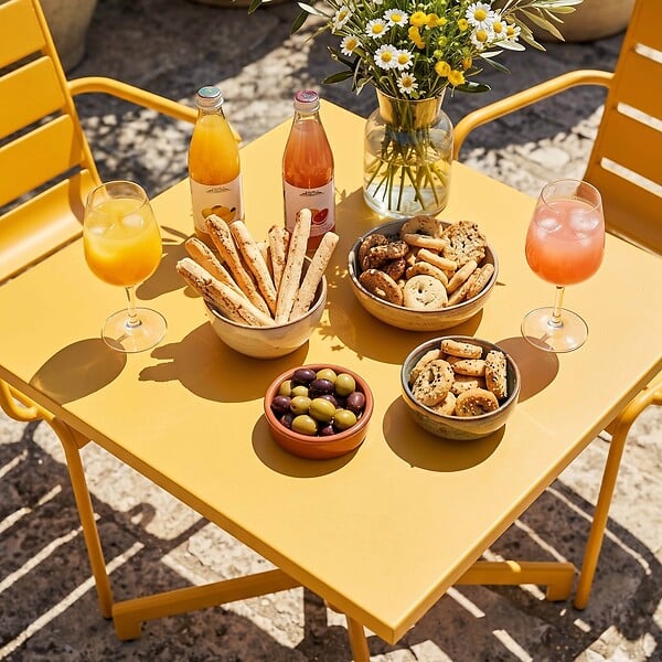 OVIALA - Ensemble table 70 cm et 2 fauteuils de jardin en métal jaune - Palavas - large