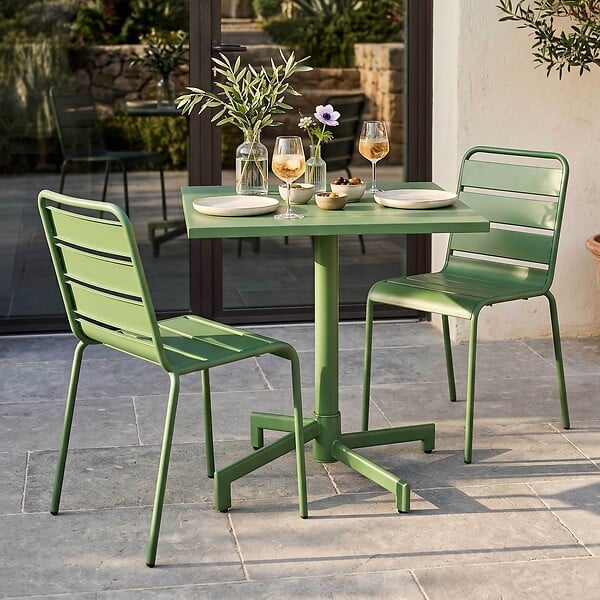 OVIALA - Ensemble table 70 cm et 2 chaises de jardin en métal vert cactus - Palavas - large