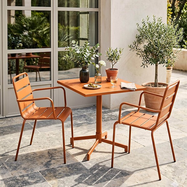 OVIALA - Ensemble table 70 cm et 2 fauteuils de jardin en métal caramel - Palavas - large