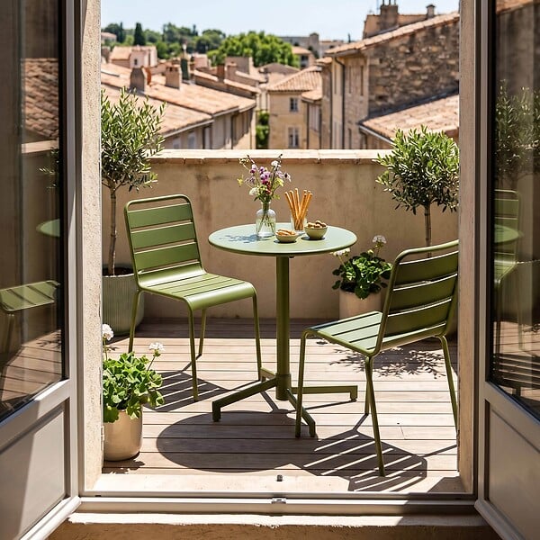 OVIALA - Ensemble table de jardin et 2 chaises en métal vert kaki - Palavas - large