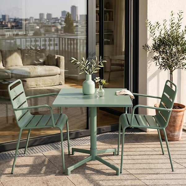 OVIALA - Ensemble table 70 cm et 2 fauteuils de jardin en métal vert sauge - Palavas - large
