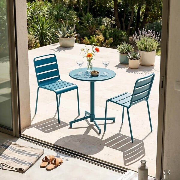 OVIALA - Ensemble table de jardin et 2 chaises en métal bleu pacific - Palavas - large
