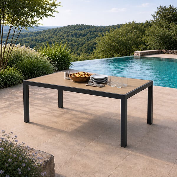 CONCEPT USINE - Table de jardin 200cm en aluminium et avec plateau en verre trempé effet bois LAGOS - large