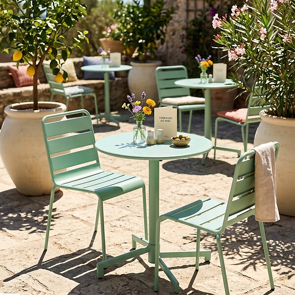 OVIALA - Ensemble table de jardin et 2 chaises en métal vert sauge - Palavas - large
