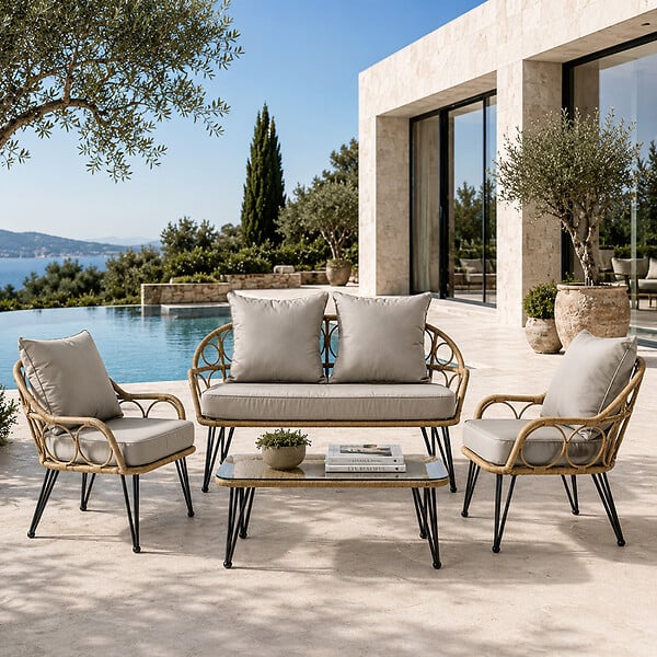 CONCEPT USINE - Salon de jardin 4 places avec table basse effet rotin naturel PORTO - large