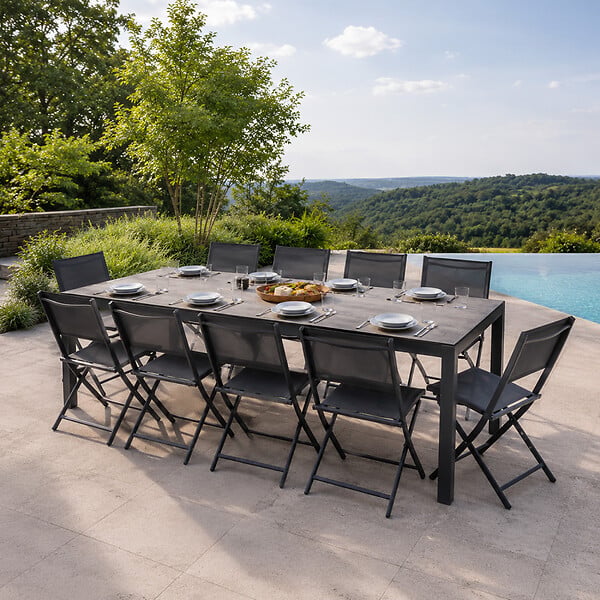 CONCEPT USINE - Ensemble table de jardin 200 cm en aluminium et 10 chaises pliantes LAGOS - large